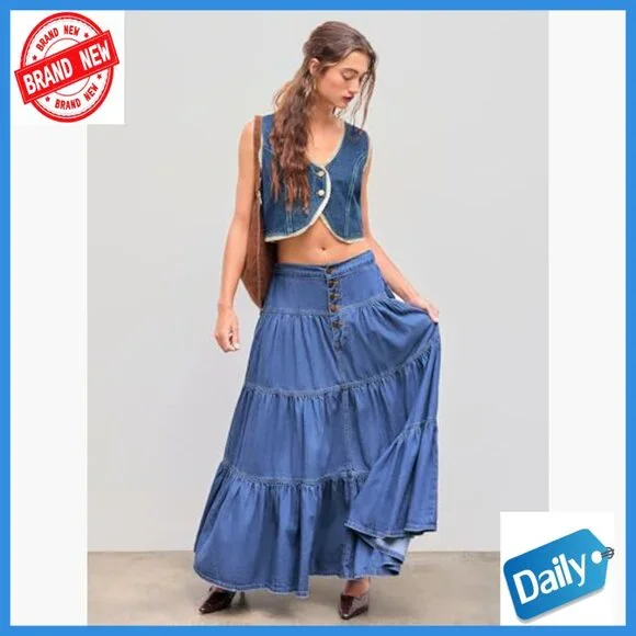 Denim Maxi Skirt High Waist Tiered Button Down Casual